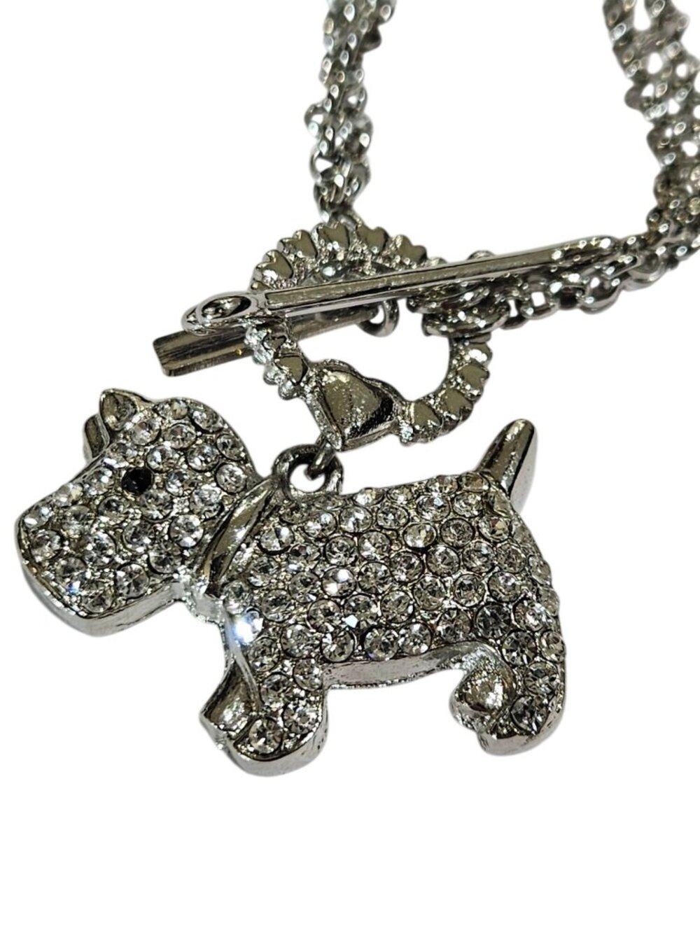Cookie Lee Rhinestone Pave Scottish Terrier Dog Scottie Silvertone Double Chain